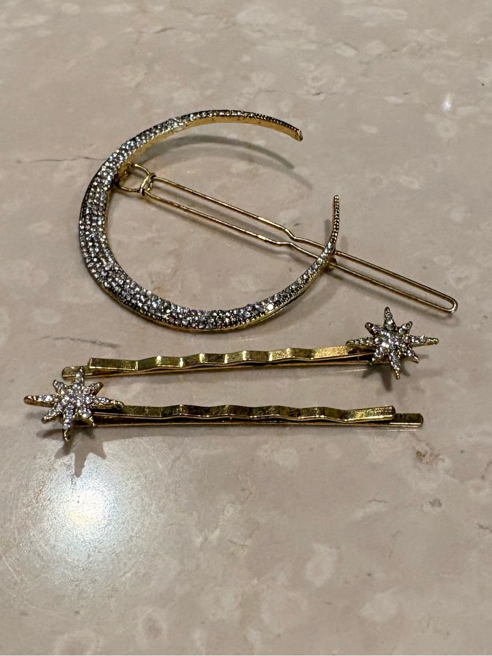 Anthropologie Gold Moon & Star Rhinestone Hair Pin Set (three pieces) - Picture 1 of 4